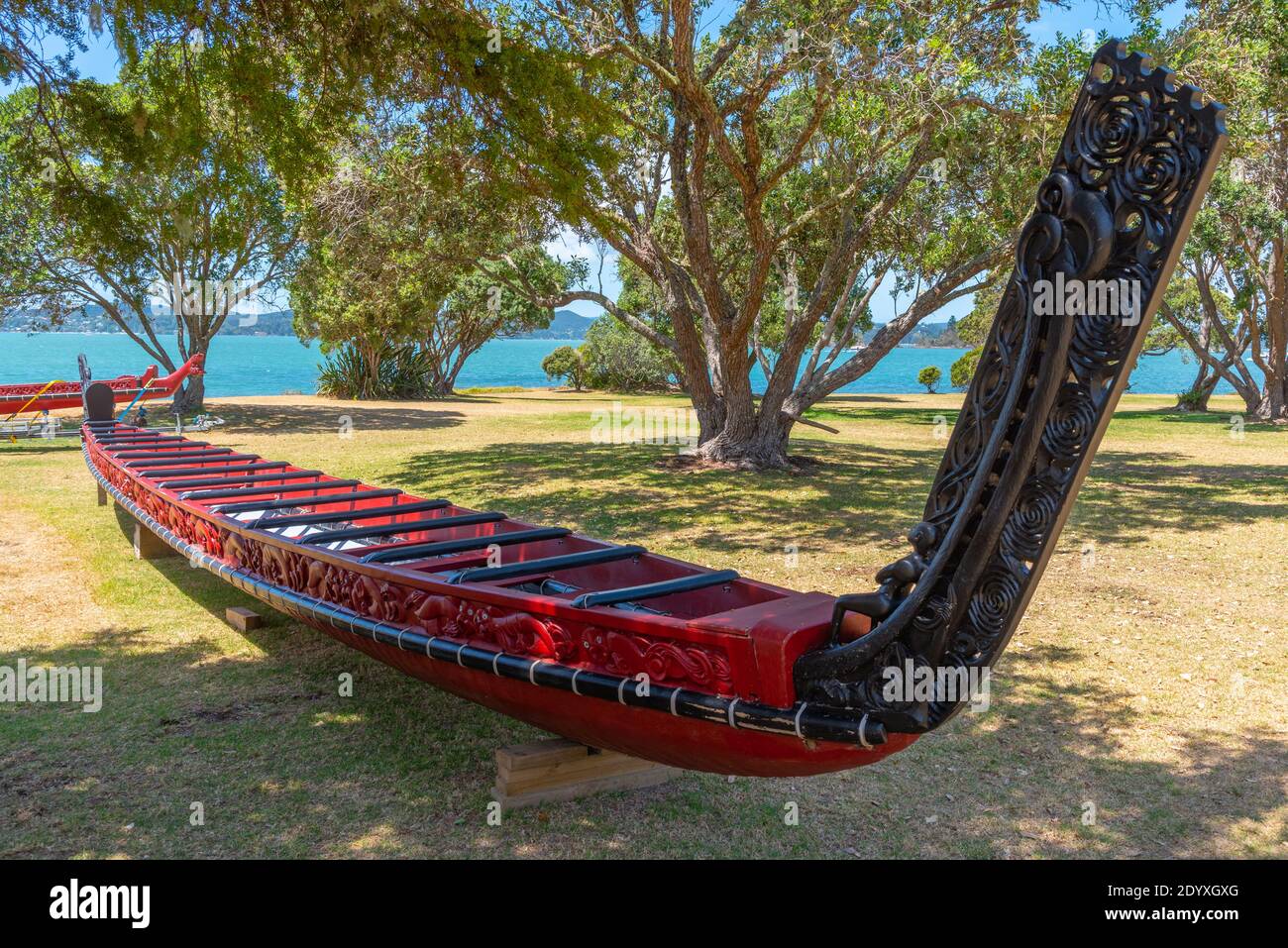 Maori war canoe at Waitangi treaty grounds in New Zealand Stock Photo