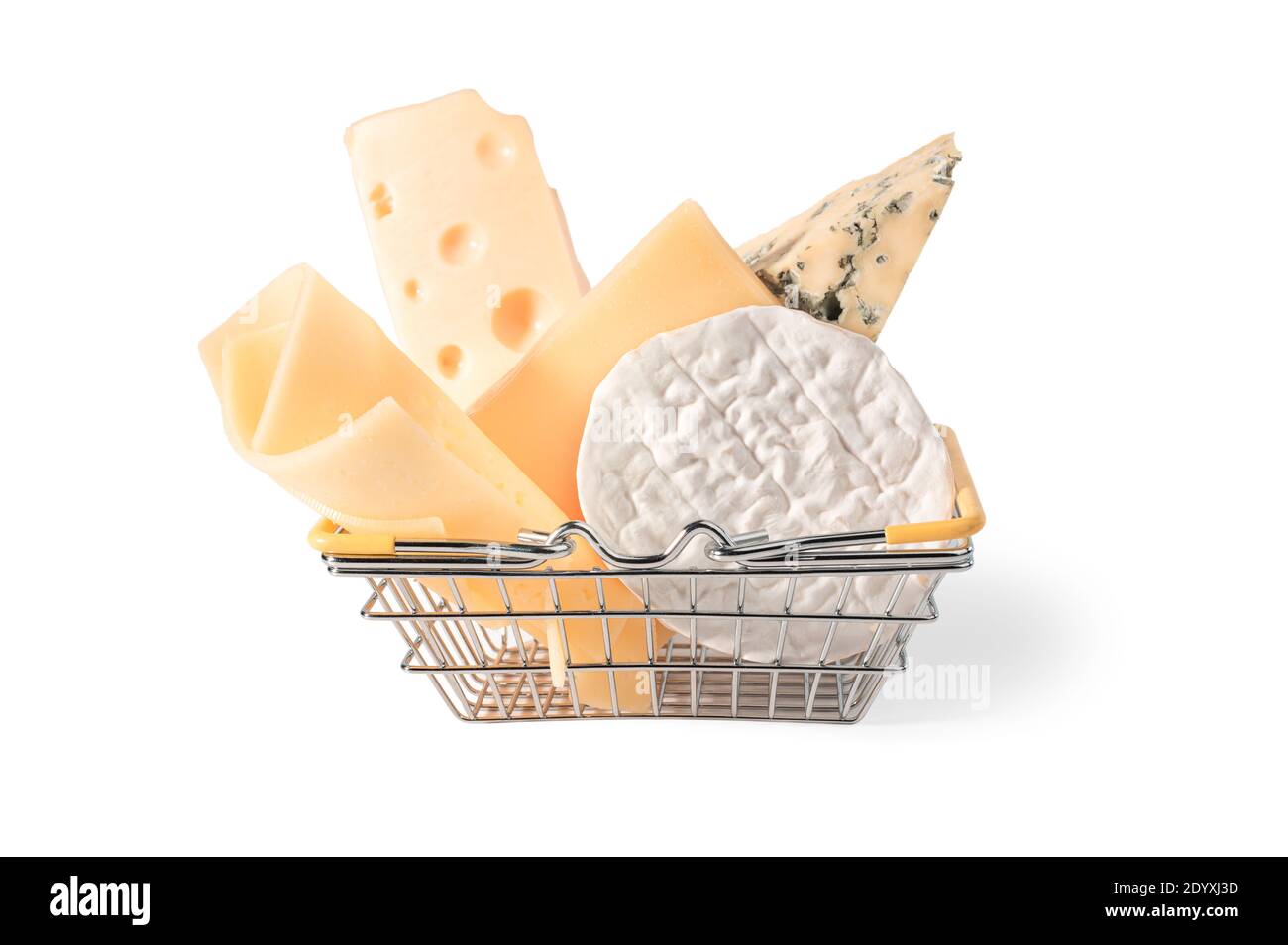 grocery basket with cheese. many different cheeses in the shopping