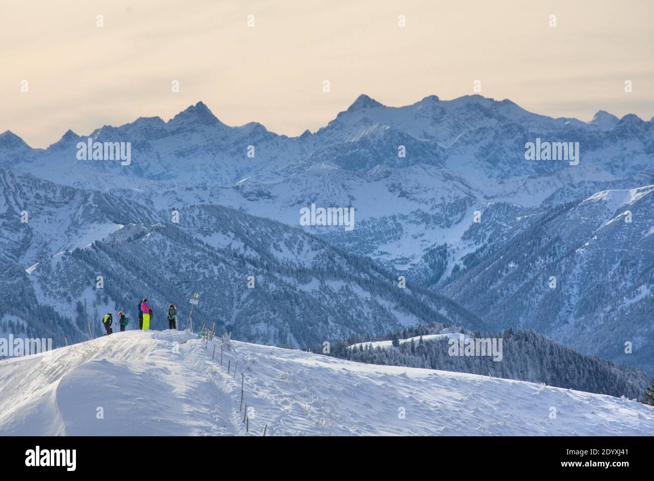 View from the Seekarkreuz peak in the Mangfall mountain range near Lenggries, Bavaria, Germany towards the Karwendel mountain range in the background Stock Photo