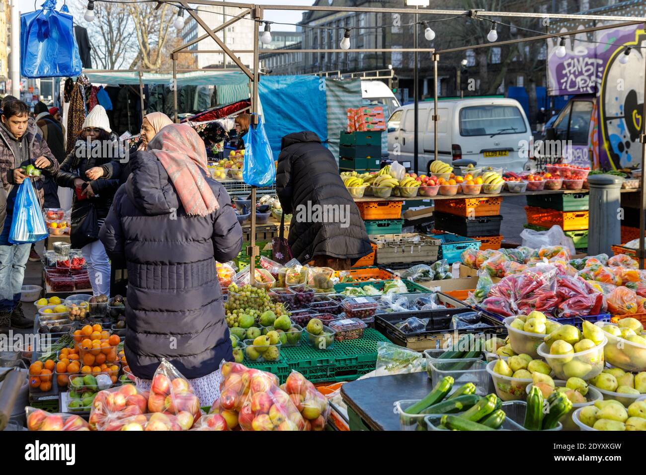 Whitechapel Market, outdoor daily fruit and vegetable market stall
