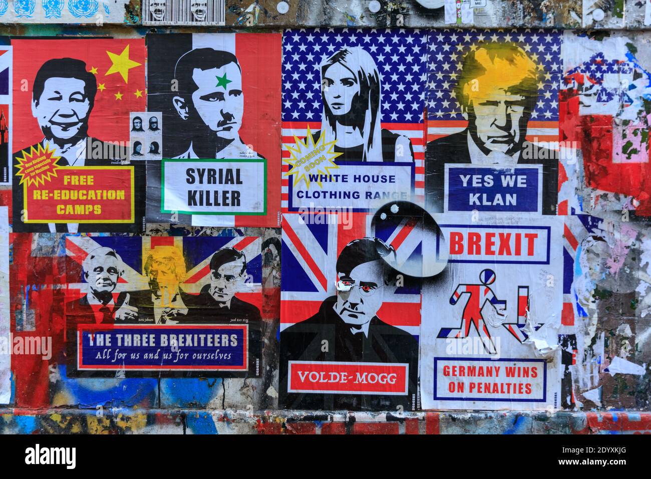 Posters, stickers and political graffiti commenting Brexit, Trump and international politics, Brick Lane, East London, England Stock Photo