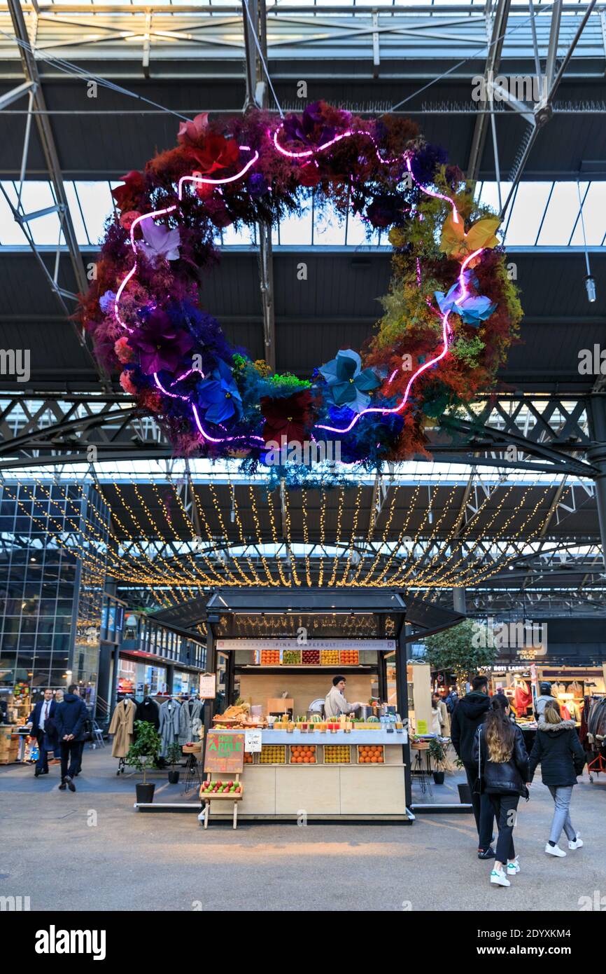 Spitalfields Market interior market halls with stalls and restaurants, East London, England, UK Stock Photo