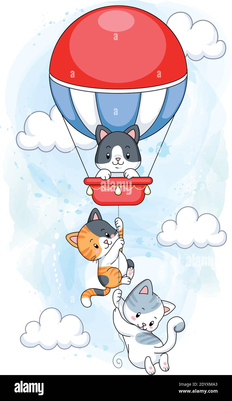 Cute kittens hanging on hot air balloon flying in the sky Stock Vector ...
