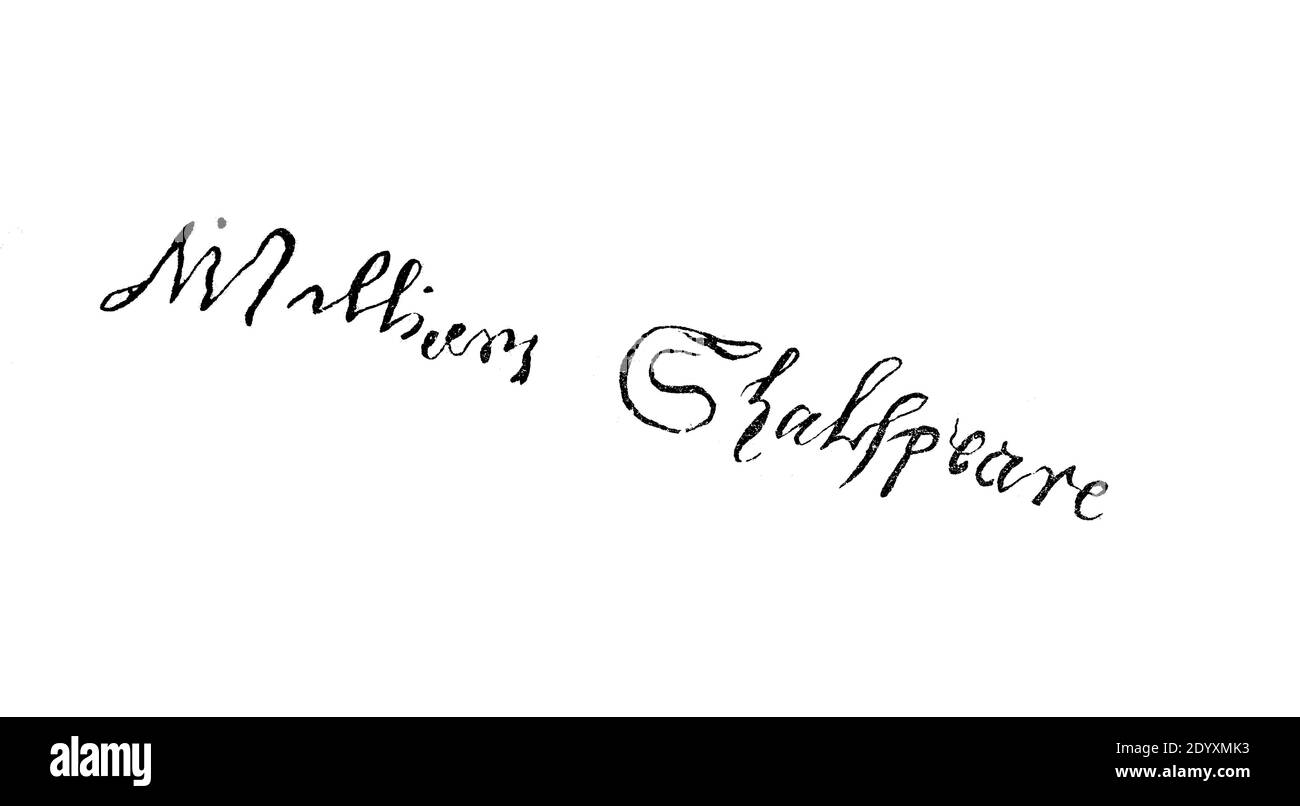 Signature, handwriting of William Shakespeare  /  Unterschrift, Handschrift von William Shakespeare, Historisch, historical, digital improved reproduction of an original from the 19th century / digitale Reproduktion einer Originalvorlage aus dem 19. Jahrhundert, Stock Photo