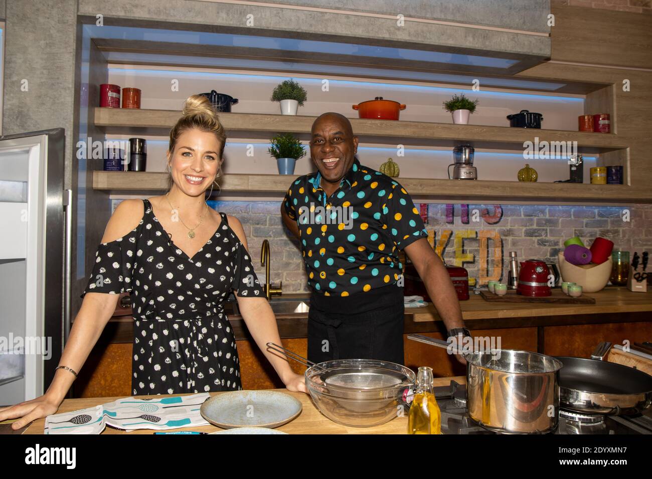 Leeds UK, 21st Sep 2020: The British TV Presenter and Chef Ainsley Harriott and famous model and presenter Gemma Atkinson on the set of a live TV show Stock Photo