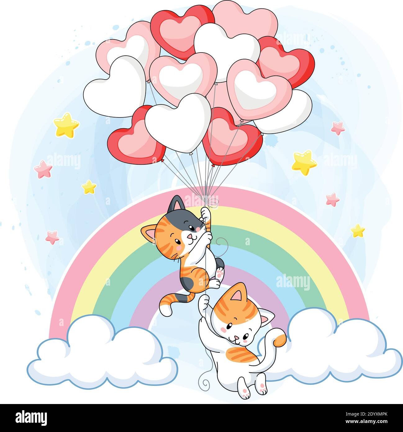 cute kittens playing together with heart air balloons Stock Vector