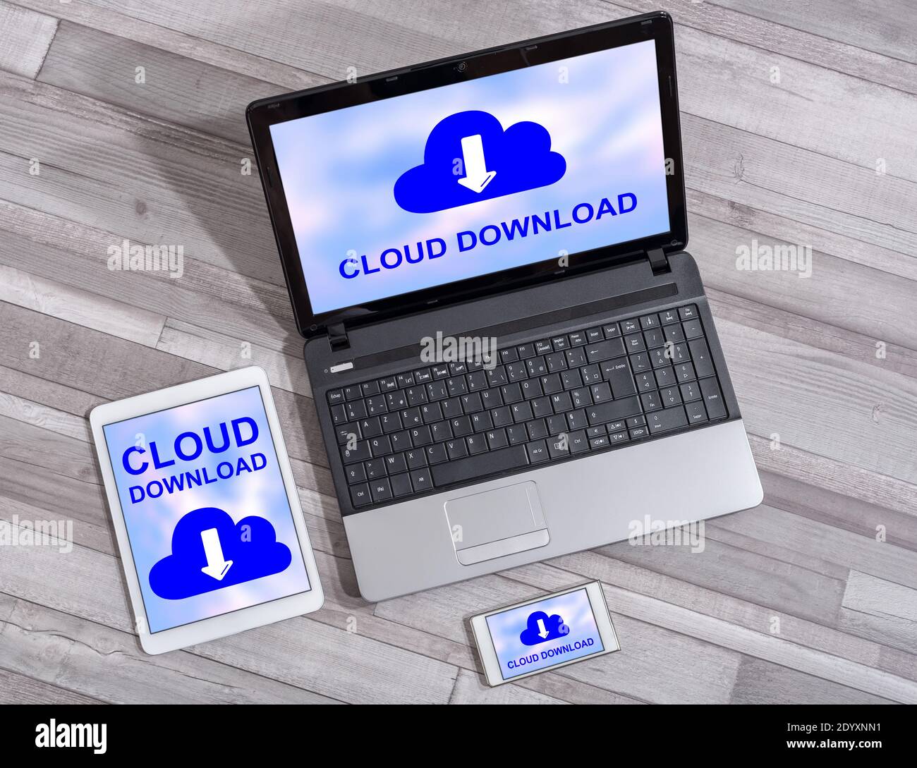 Data download concept shown on different information technology devices Stock Photo