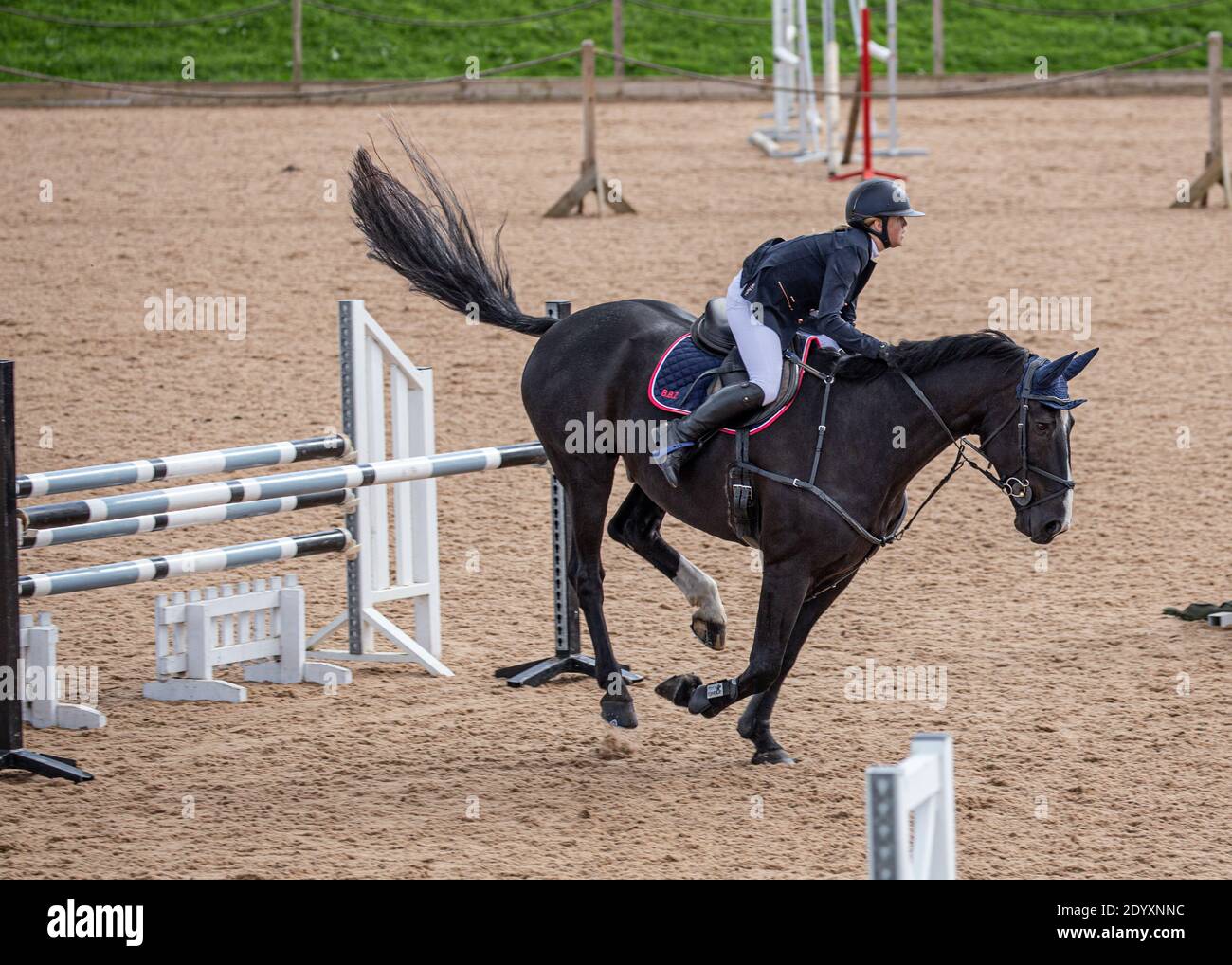 An equestrian rider on their horse jumping over a fence as they take ...