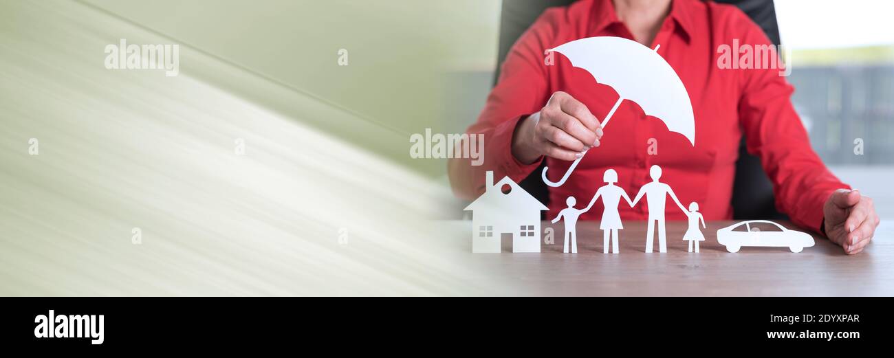 General agent protecting a house, a family and a car; panoramic banner Stock Photo