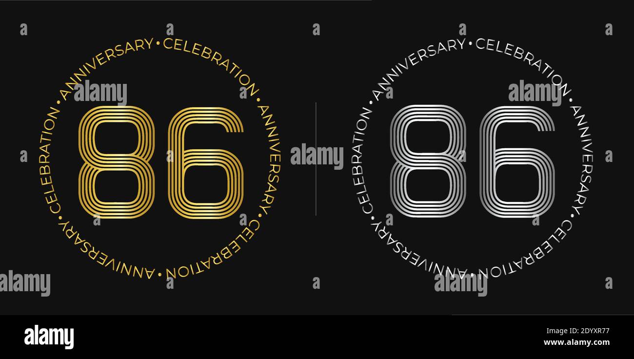86th birthday. Eighty-six years anniversary celebration banner in golden and silver colors. Circular logo with original numbers design. Stock Vector