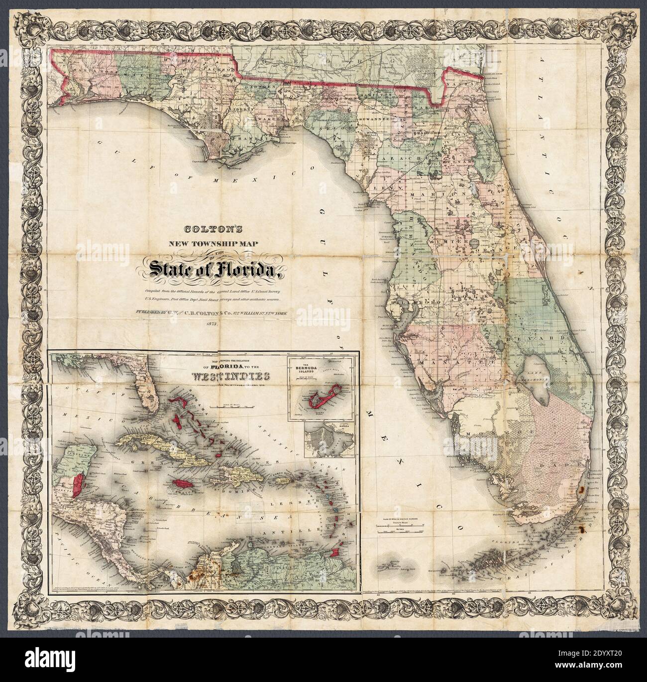 Title of original source: 'Colton's new township map of the state of Florida.' This circa 1873 detailed map includes a maps of the Caribbean, Bermuda, and the city of Havana. Also shows railroads, lakes, swamps, and counties. Stock Photo
