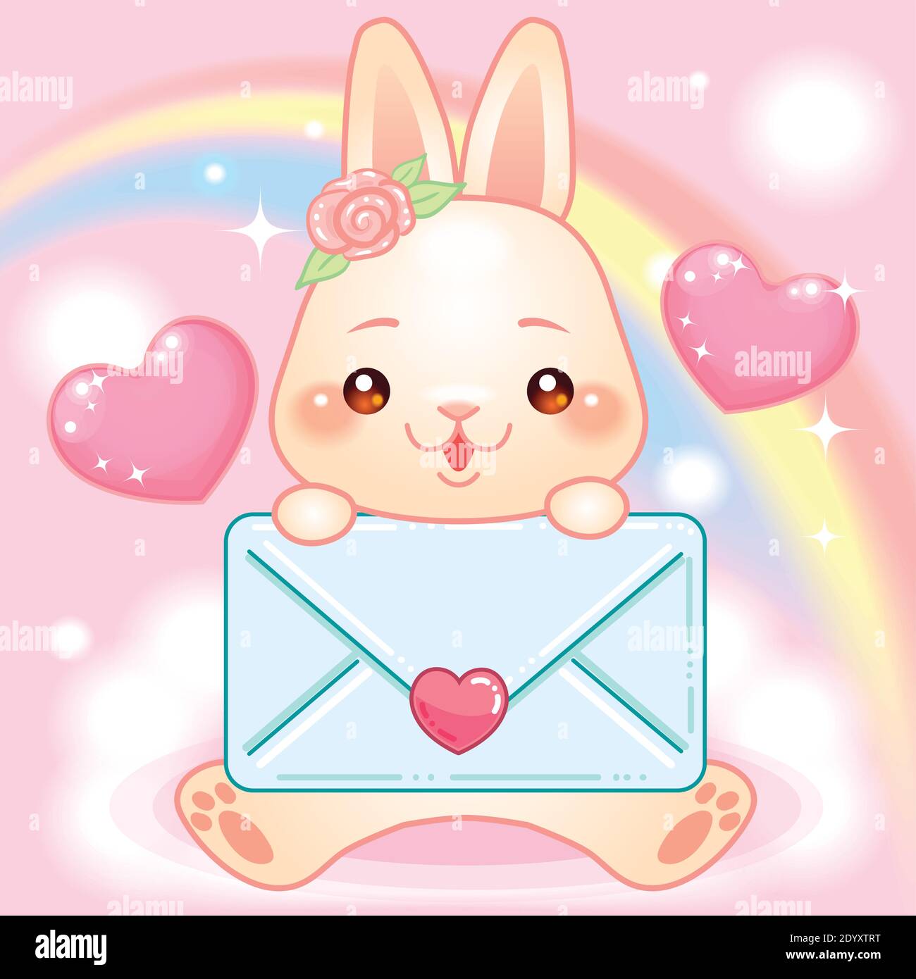 Cute little bunny with envelope on a rainbow fantasy world Stock Vector ...