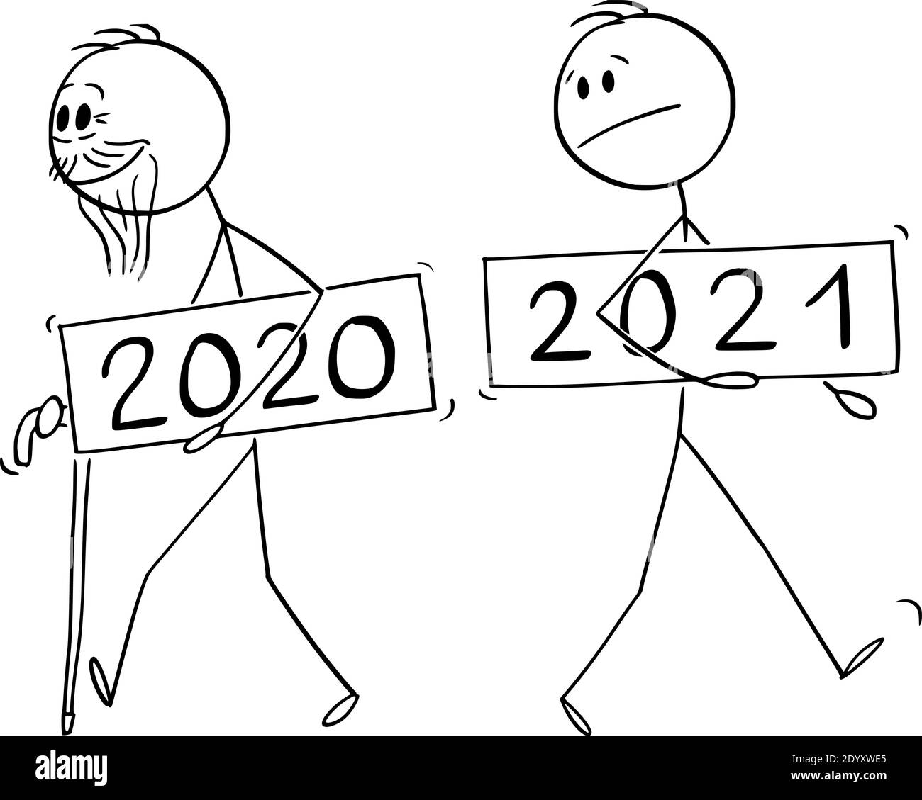Vector cartoon stick figure illustration of old man year 2020 is leaving, new year 2021 is incoming. Stock Vector