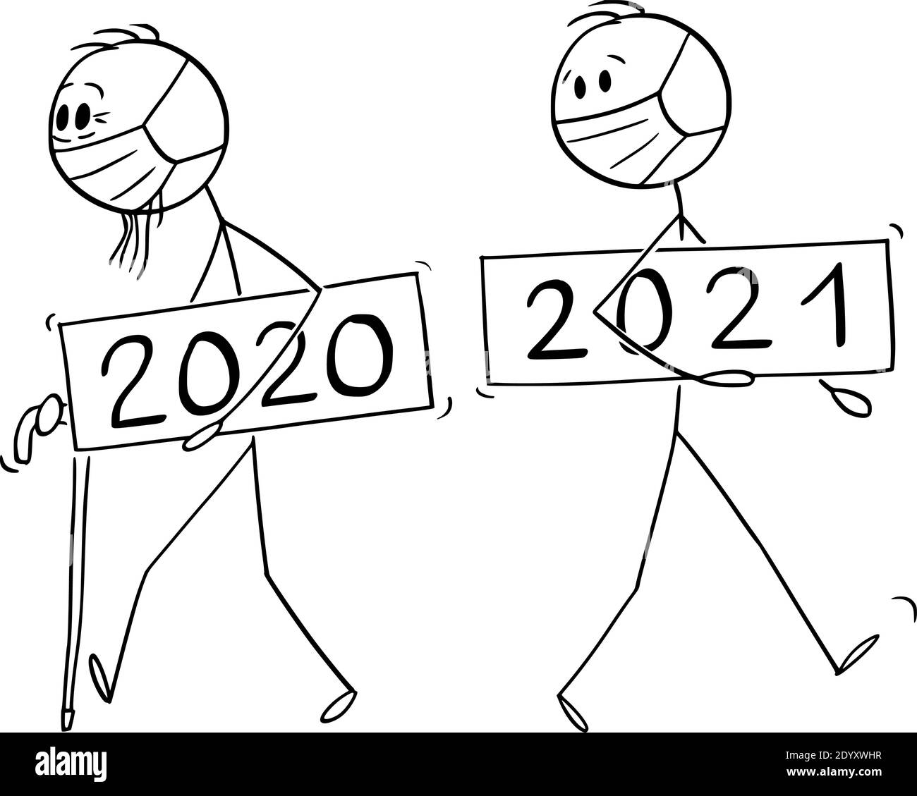 Vector cartoon stick figure illustration of old man year 2020 is leaving, new year 2021 is incoming. Both wearing coronavirus covid-19 protective face mask. Epidemic or pandemic concept. Stock Vector