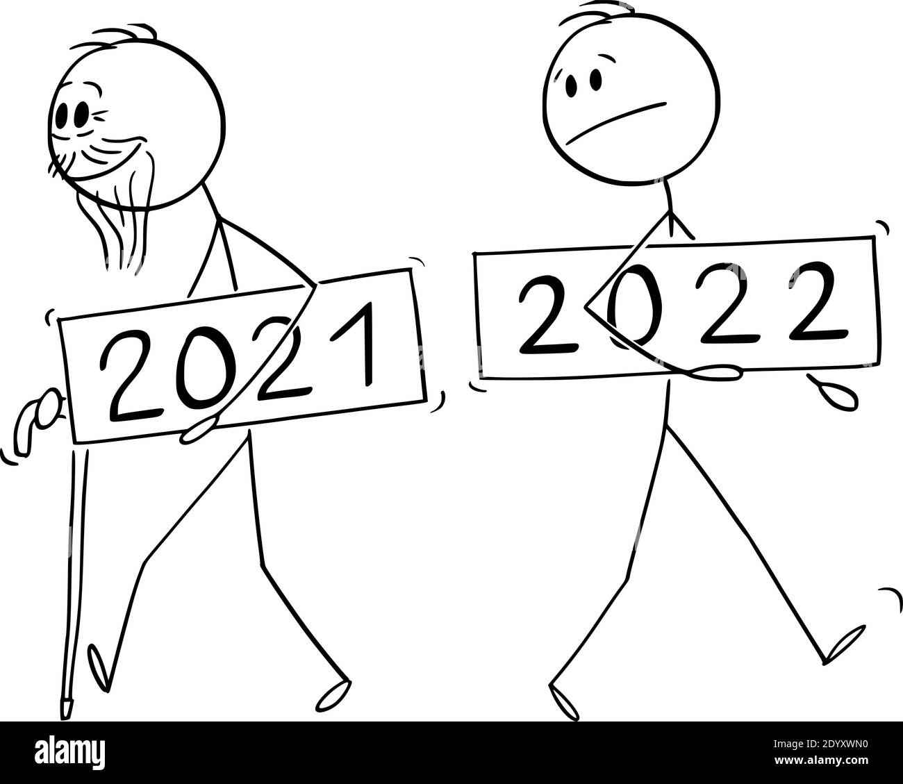 Vector cartoon stick figure illustration of old man year 2021 is leaving, new year 2022 is incoming. Stock Vector
