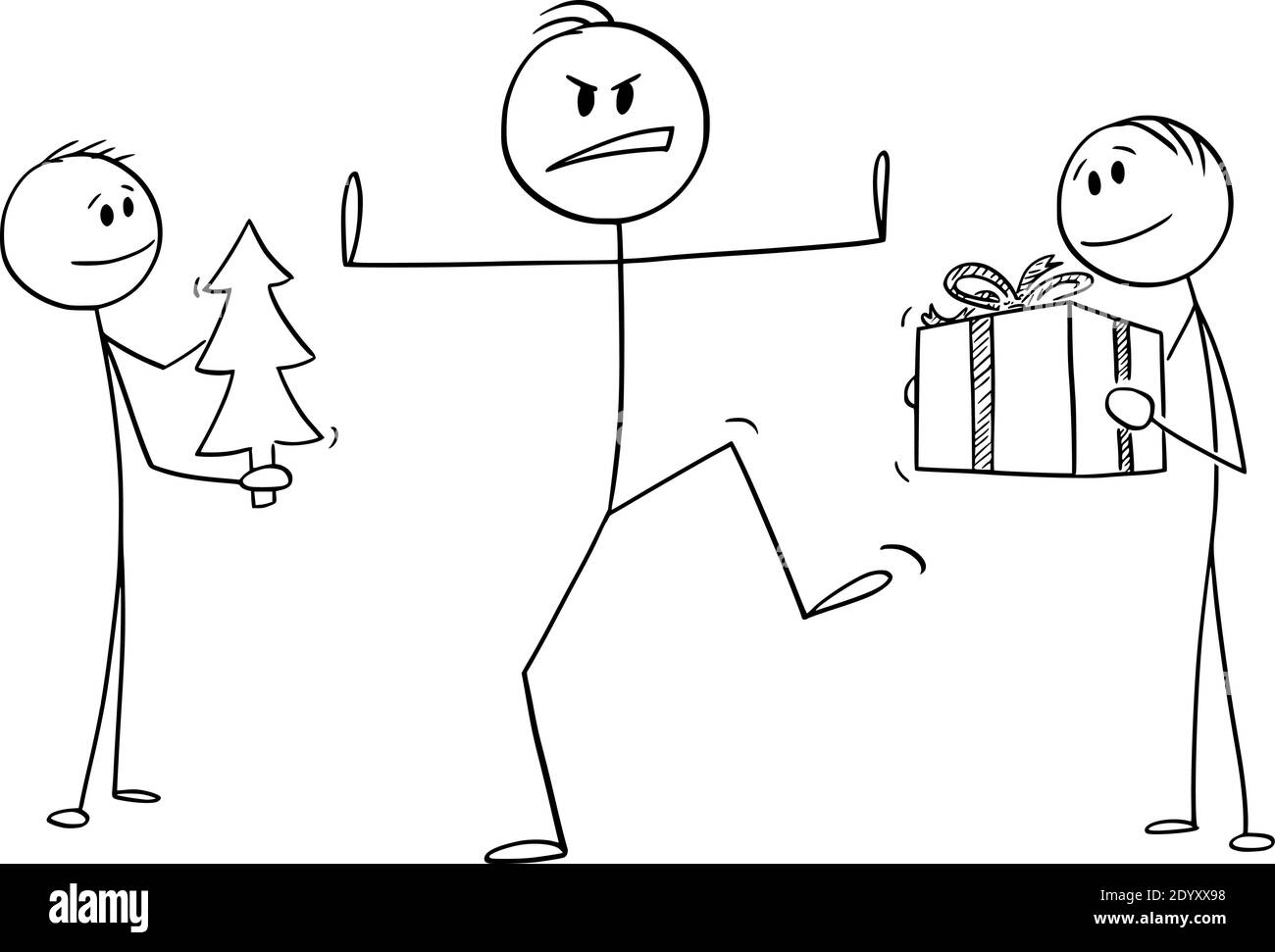 Vector cartoon stick figure illustration of man rejecting Christmas tree and gift. Stock Vector