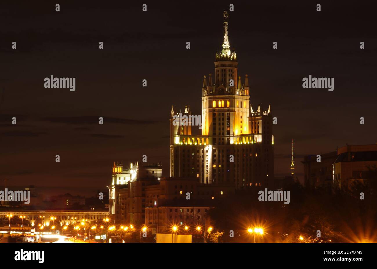 July 30, 2011, Moscow, Russia. Evening illumination at a Stalinist skyscraper on Kotelnicheskaya embankment in Moscow. Stock Photo