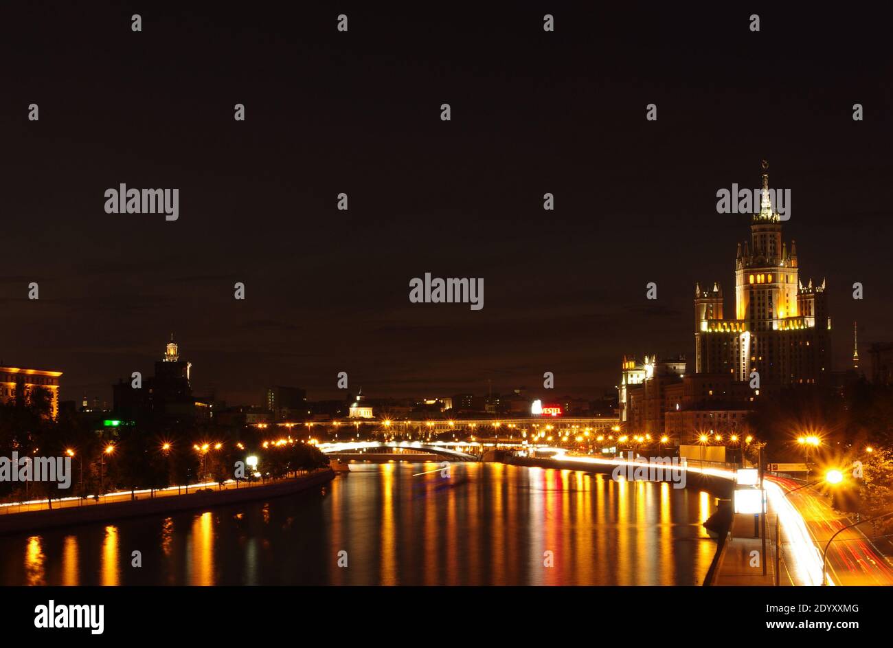 July 30, 2011, Moscow, Russia. Evening illumination at a Stalinist skyscraper on Kotelnicheskaya embankment in Moscow. Stock Photo