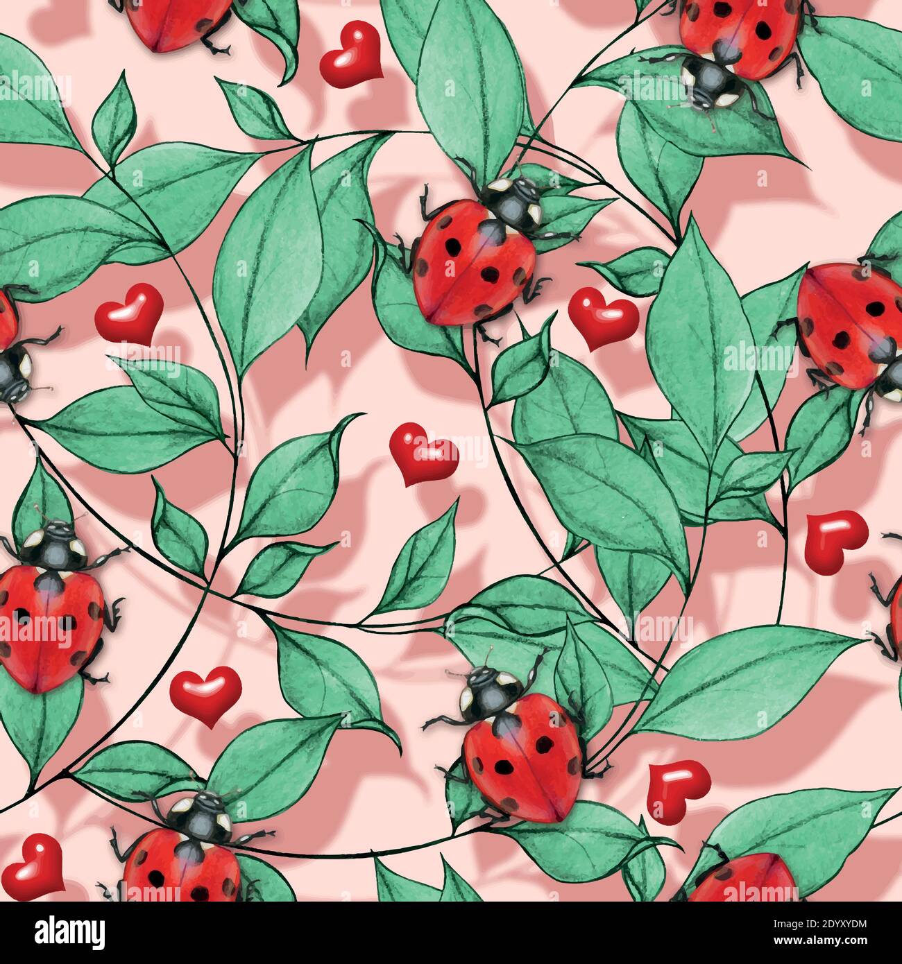 Roantic watercolor ladybug and red hearts seamless pattern Stock Vector