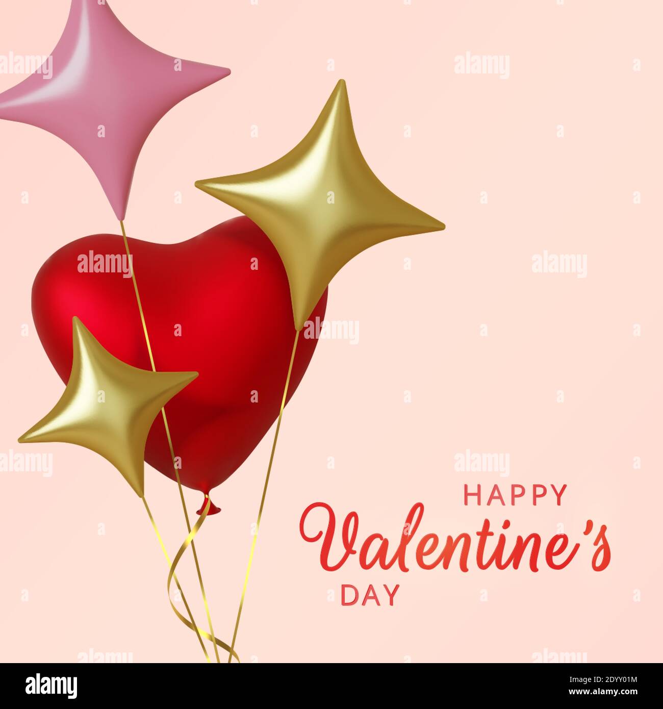 Valentines Day greeting card. Realistic 3d pink balloons hearts and ...