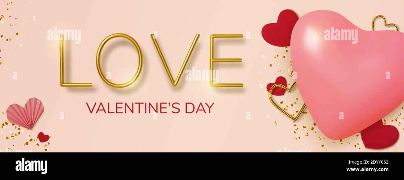 Valentines Day greeting card. Realistic 3d pink balloon hearts and gold ...