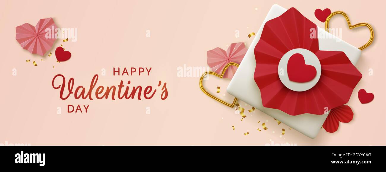 Valentines Day greeting card. Realistic 3d red paper hearts and gift on ...