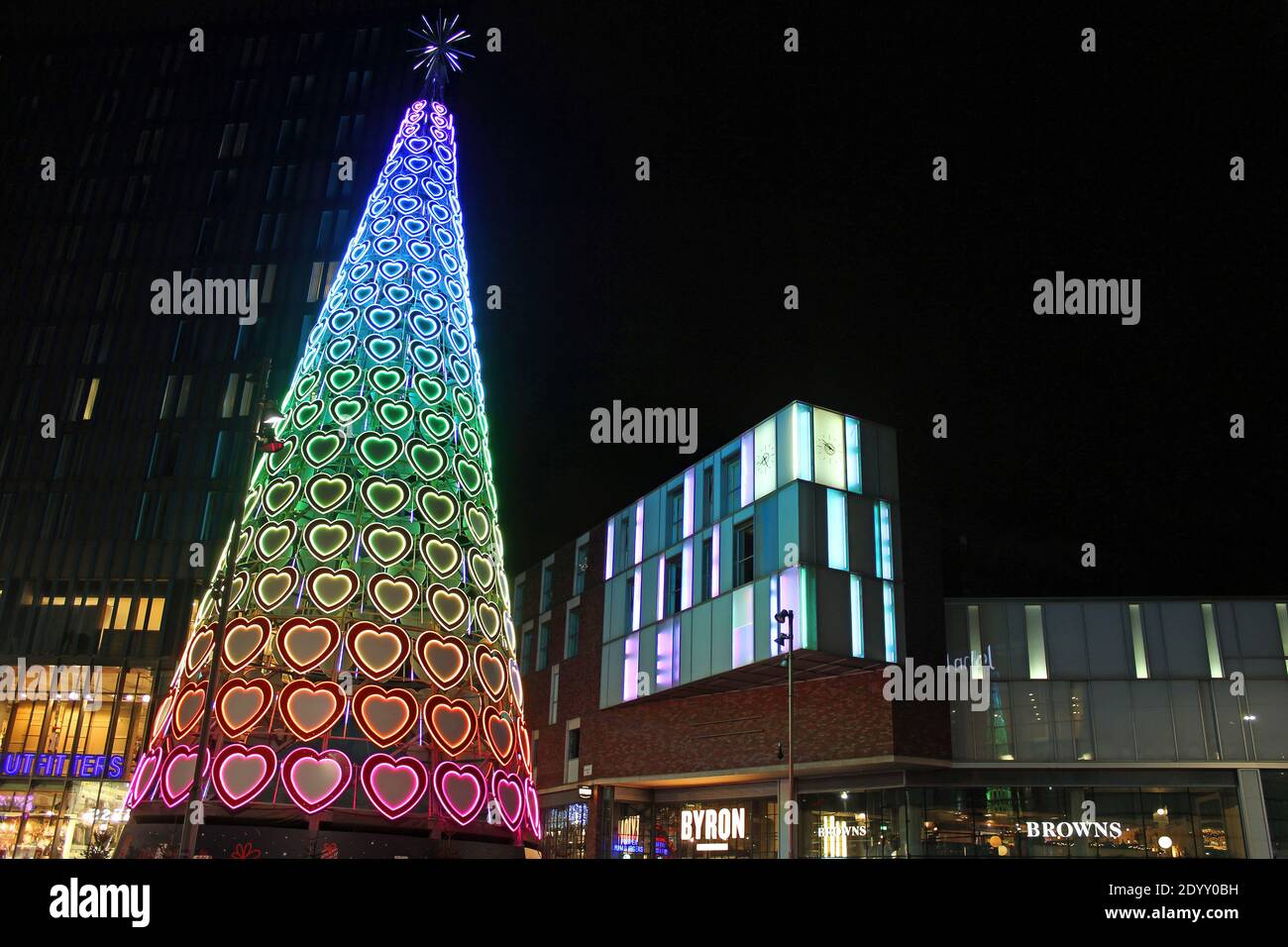 Love hearts Christmas Tree Illumination - Bar Hutte, Liverpool One Shopping Centre Stock Photo