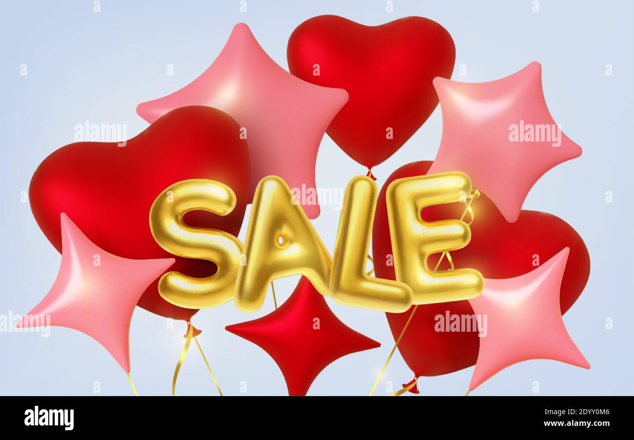 3d realistic balloons golden inscription Sale and hearts, stars shape ...