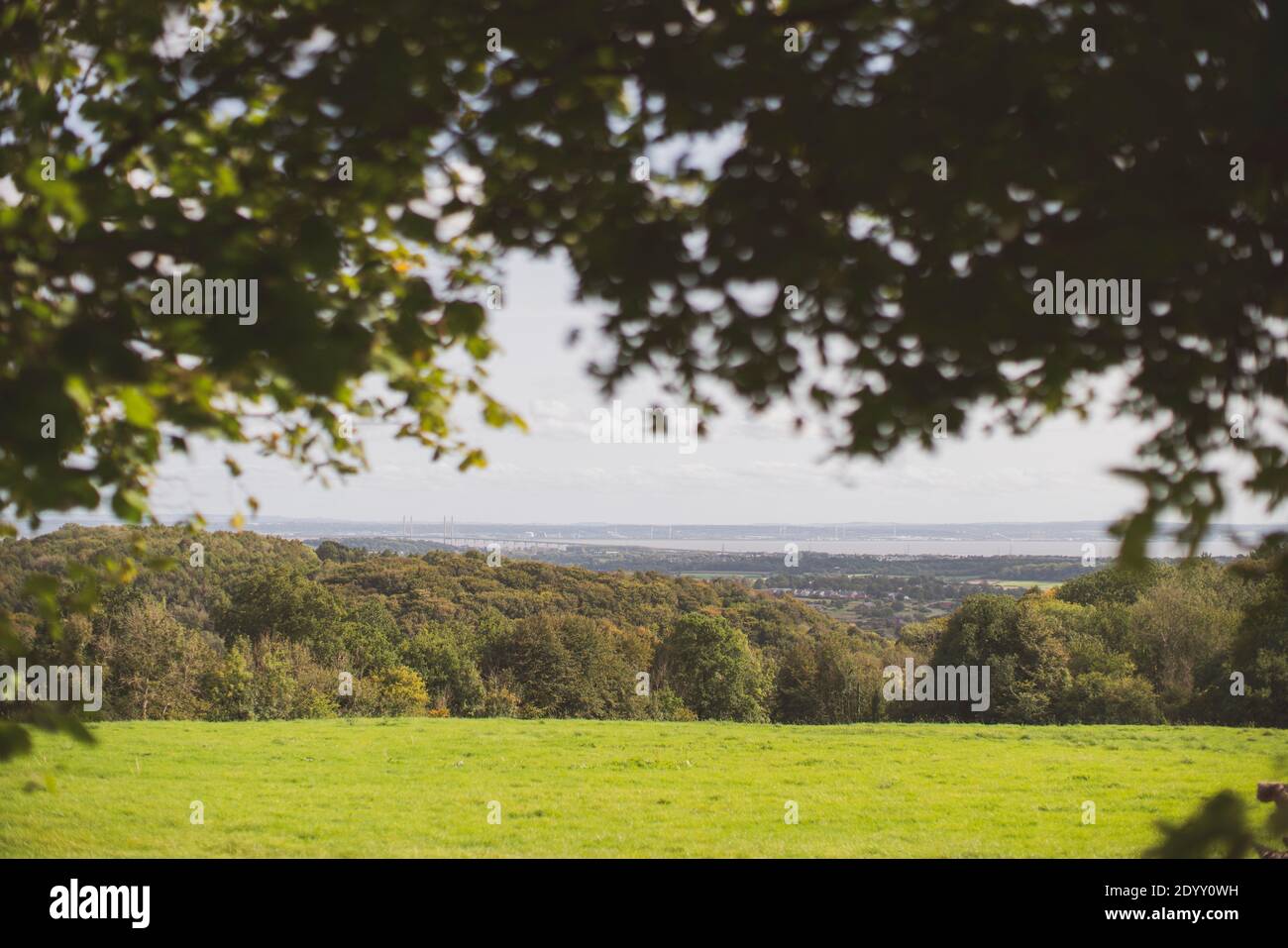 View across farm fields and the River Severn from Wales with the Prince of Wales Bridge (Severn Bridge) and coastline of England in the distance. Stock Photo