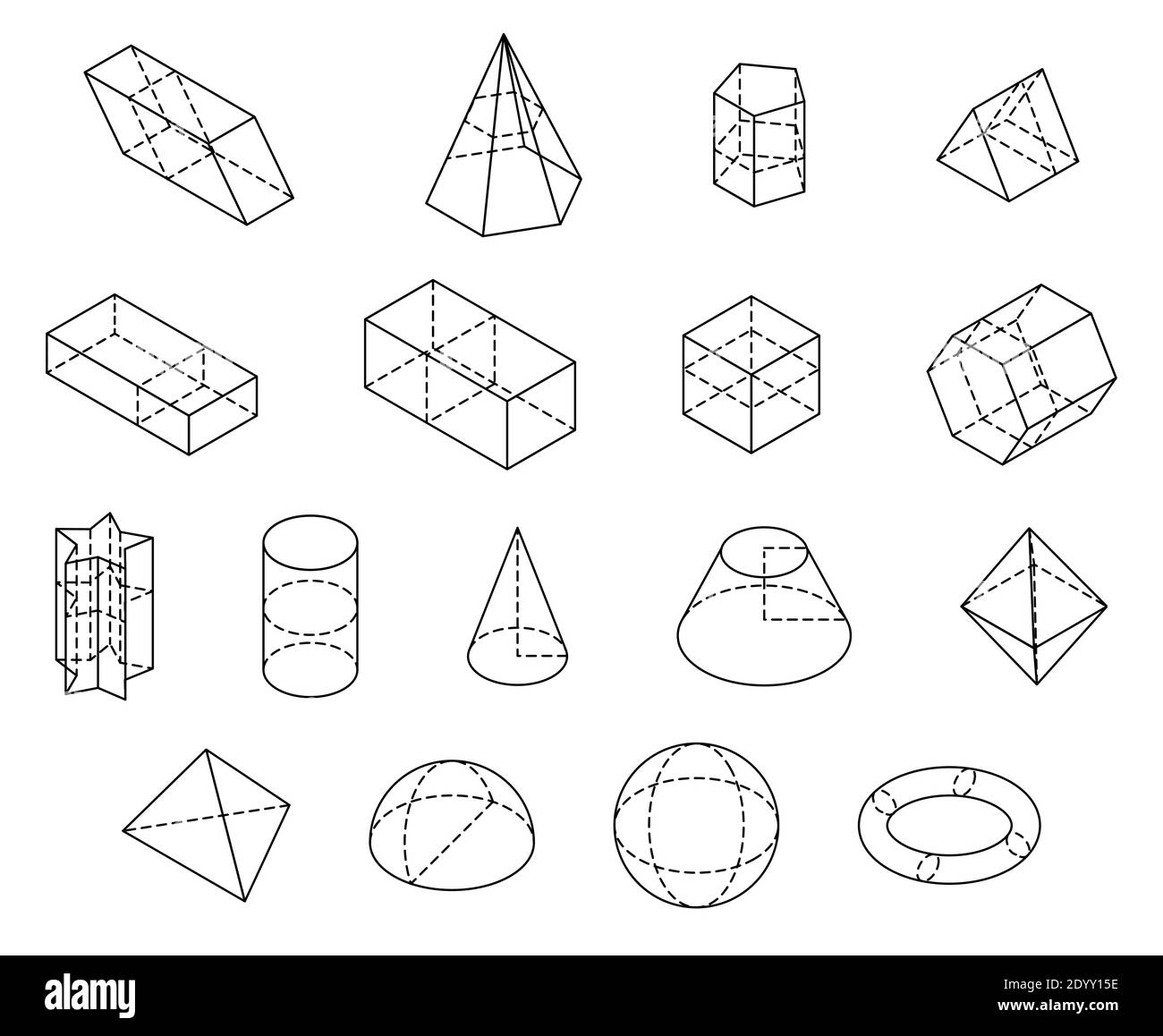 Set of isometric 3D shapes. Black outline vector illustration. The science of geometry and math. Linear geometric objects isolated on white background Stock Vector