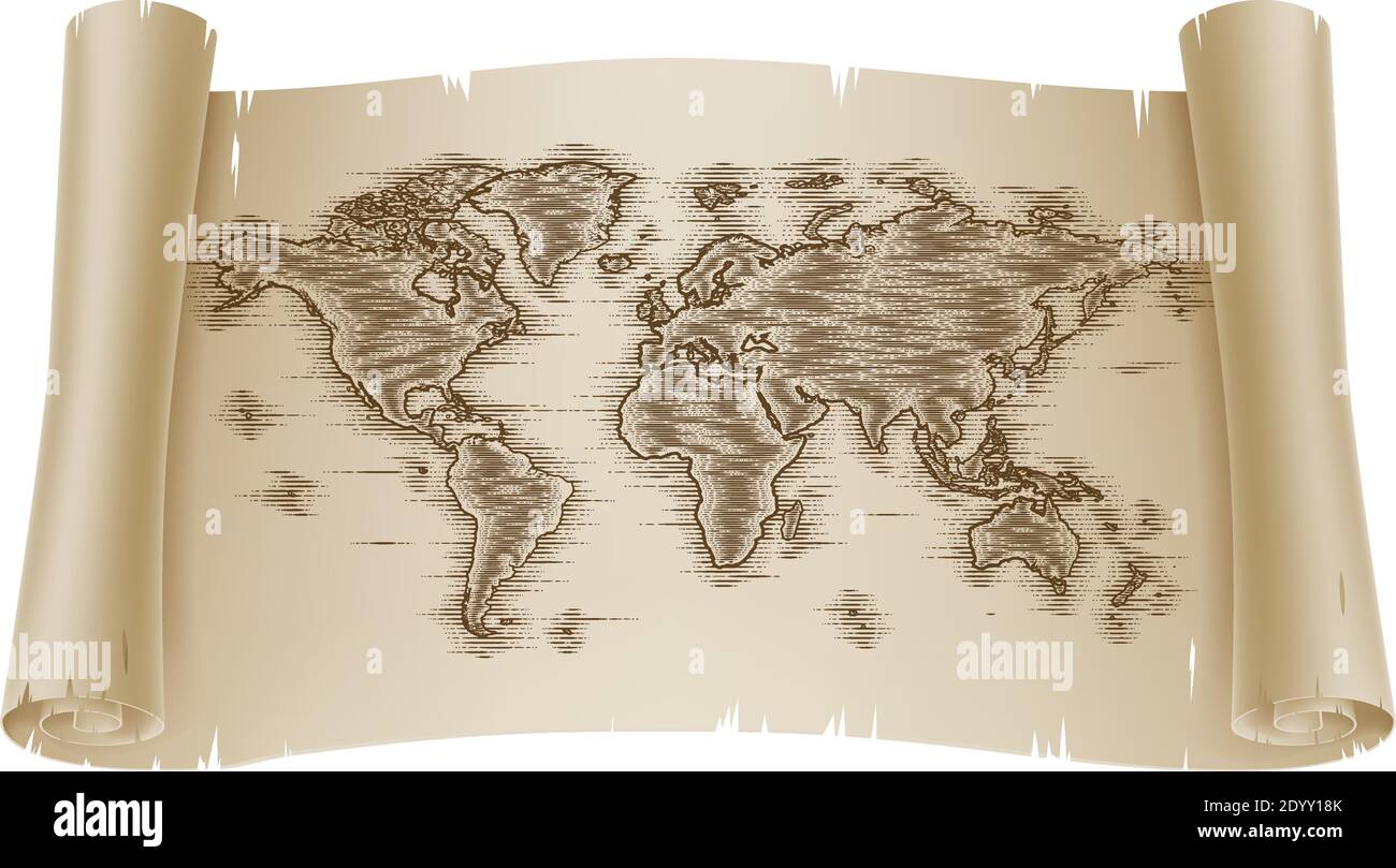 World Map Drawing Old Woodcut Engraved Scroll Stock Vector