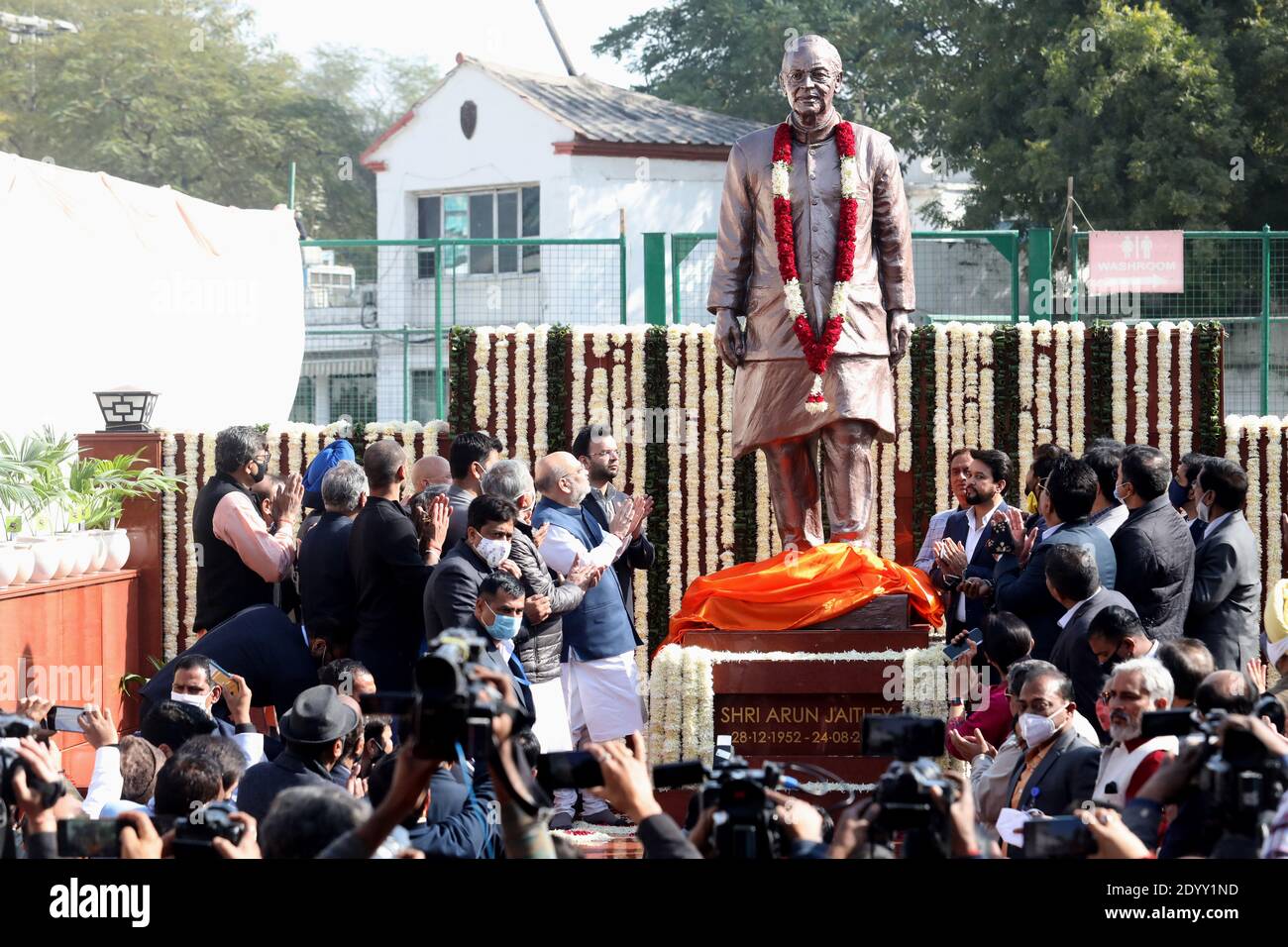 India Union Home Minister Amit Shah, unveils a life-sized statue of the late Arun Jaitley, at the Arun Jaitley stadium, Feroz Shah Kotla ground. Arun Jaitley was Delhi and District Cricket Association (DDCA) President for 13 Years. Stock Photo