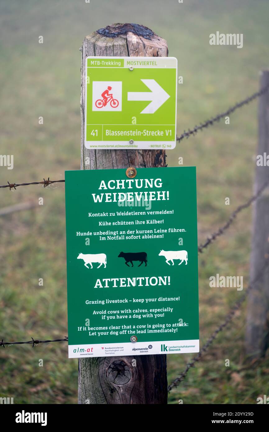 Österreich, Niederösterreich, Scheibbs, Warnschilder für Wanderer und Mountanbiker Stock Photo