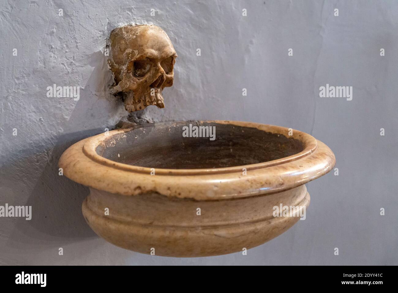 In the church of Santa Maria del suffragio, in Pescocostanzo, the holy water stoup is decorated with a skull. Abruzzo, Italy, Europe Stock Photo