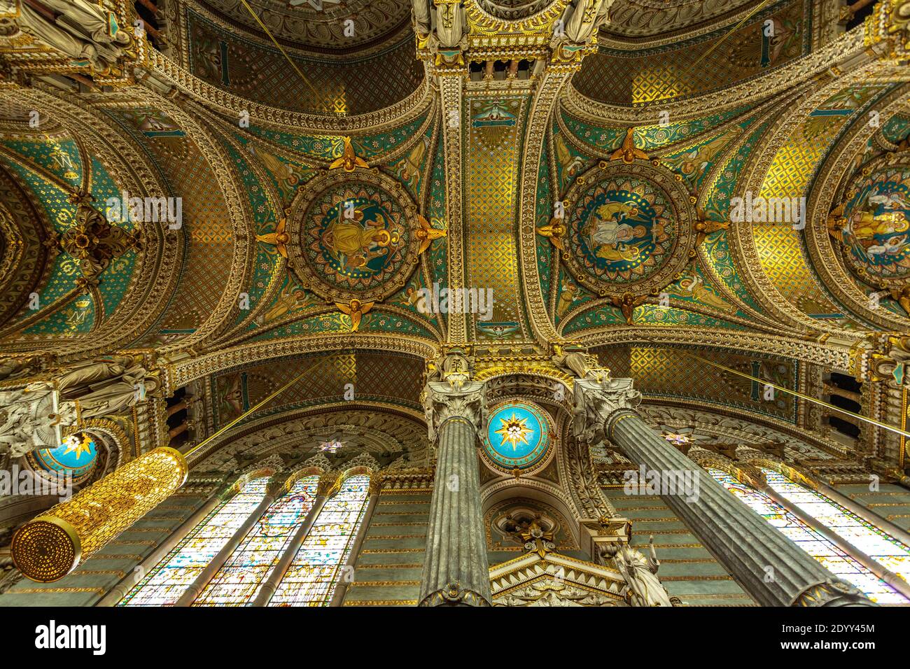 The decorated ceiling of the Basilica of Notre Dame de Fourviere. Lyon, France, Europe Stock Photo