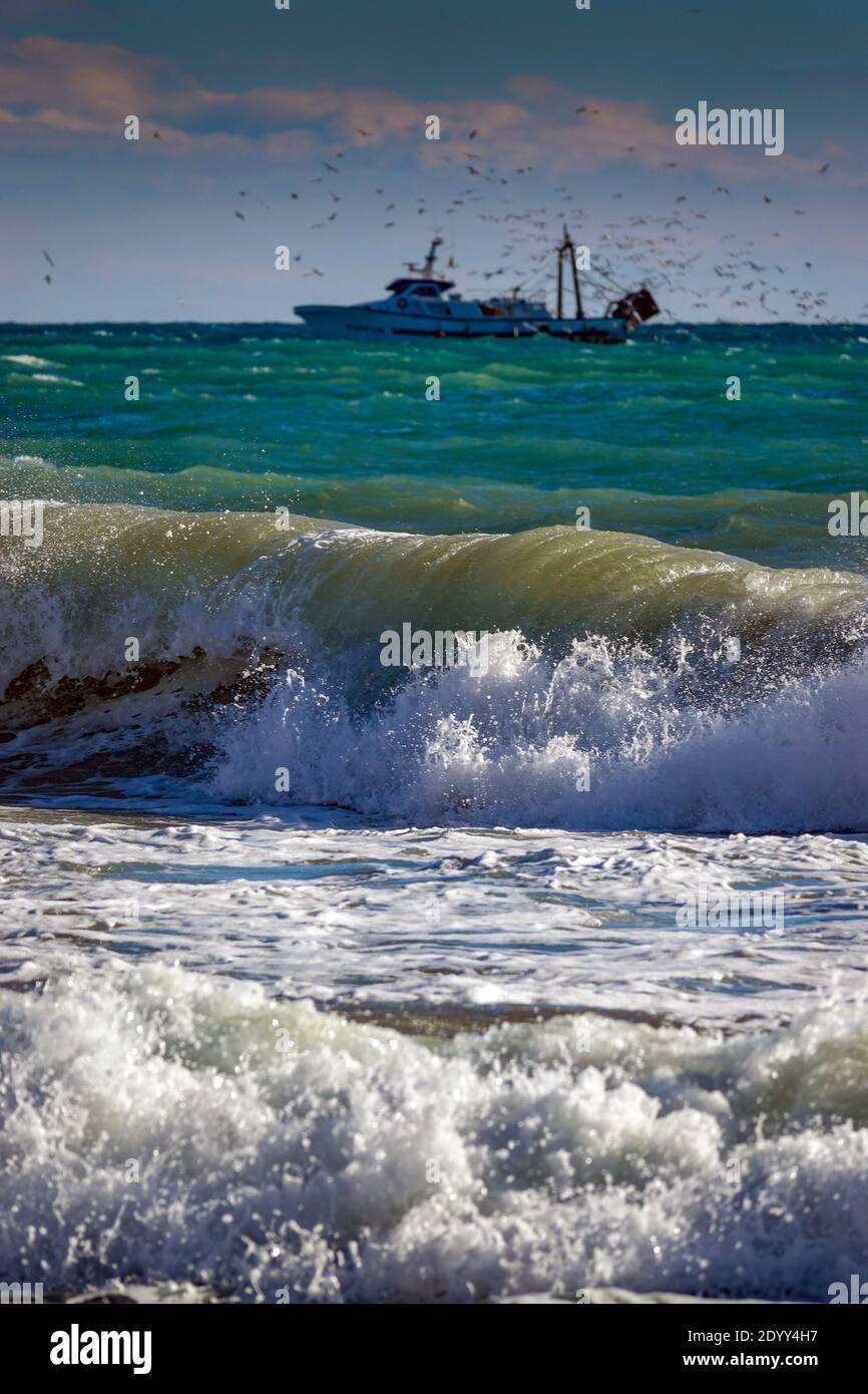 Fishing boat with waves and seagulls, an analogy for Brexit, Calpe, Spain Stock Photo