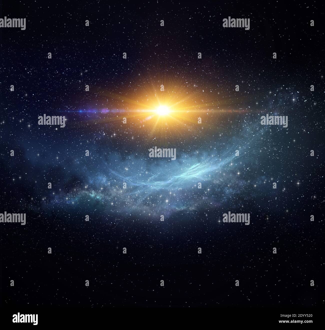 Galaxy, nebula, sun and stars constellations in Universe. Giant explosion into deep space. Stock Photo