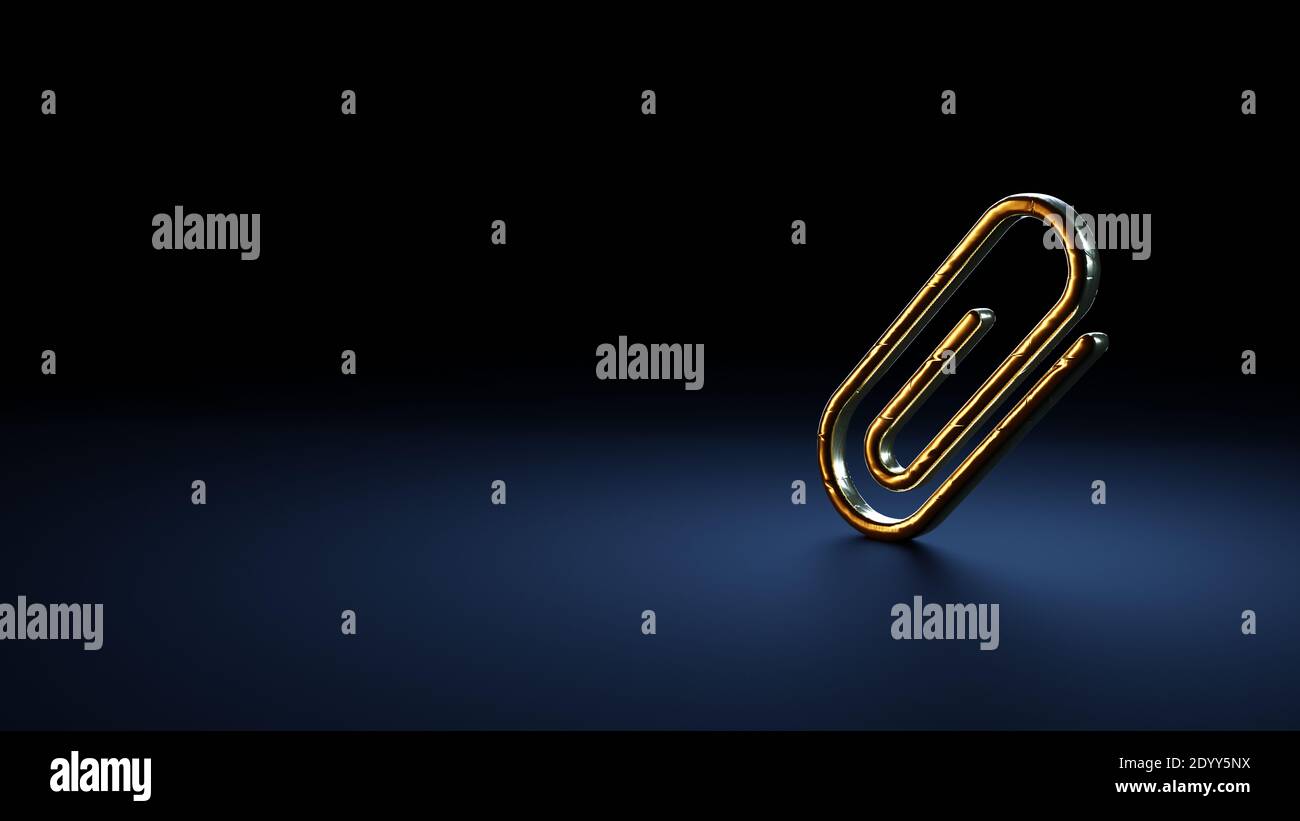 3d rendering symbol of paper clip as attachment  wrapped in gold thermal foil plate on dark blue background Stock Photo