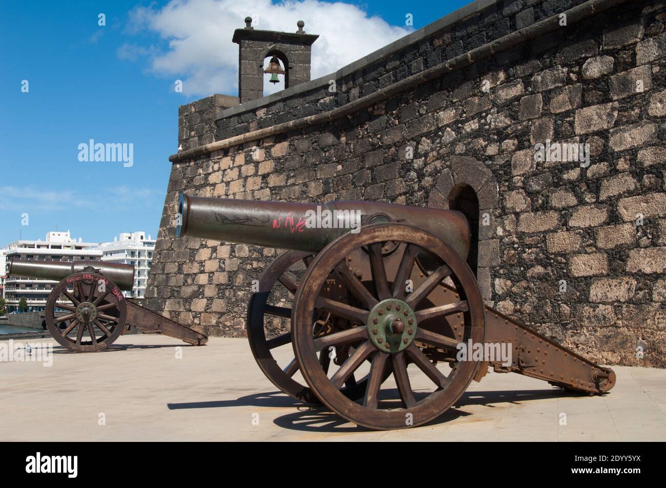Cannons and San Gabriel Castle in Arrecife. Lanzarote. Canary Islands. Spain. Stock Photo