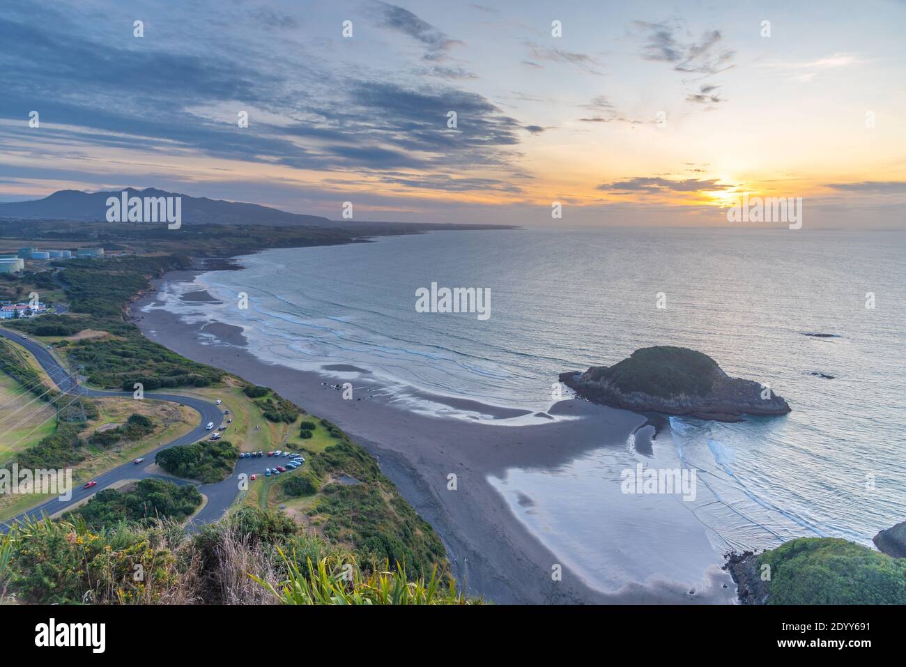 Sunset aerial view of coast of New Zealand from Paritutu rock near New