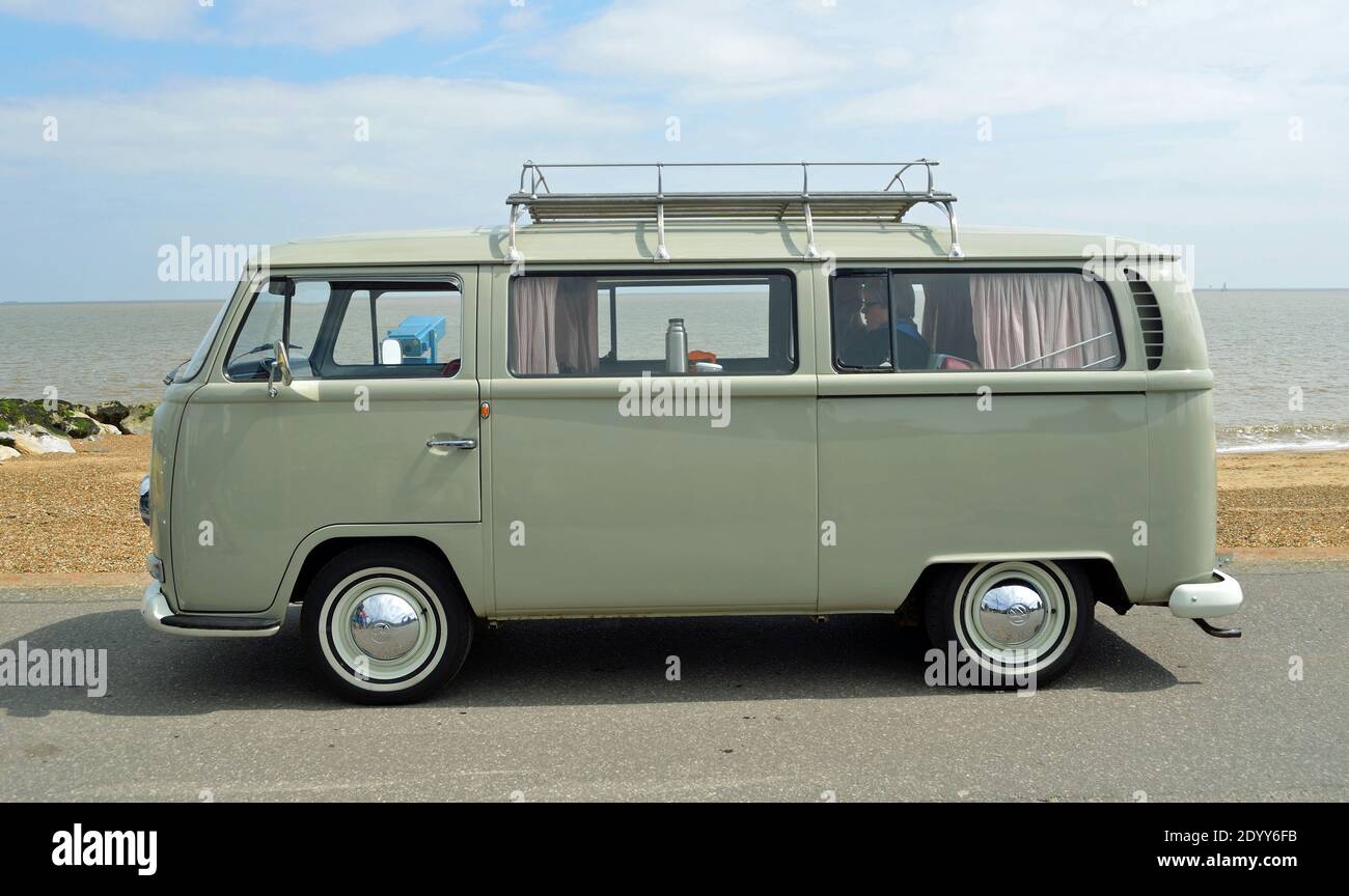 Classic Grey VW  Camper Van Parked on Seafront Promenade Stock Photo