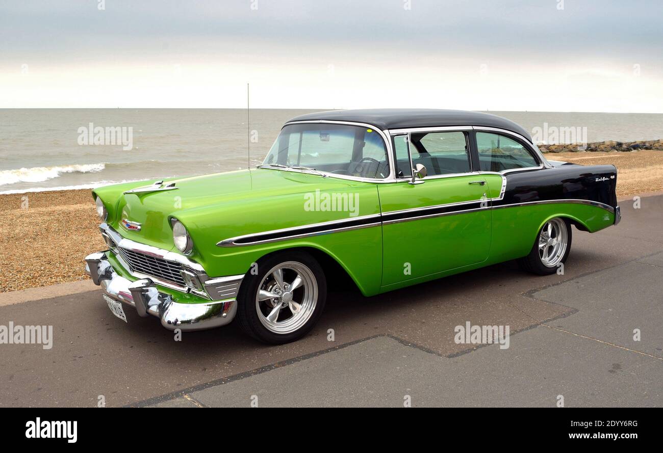 Classic Green and Black Chevrolet Belair American Automobile parked on  seafront promenade Stock Photo - Alamy