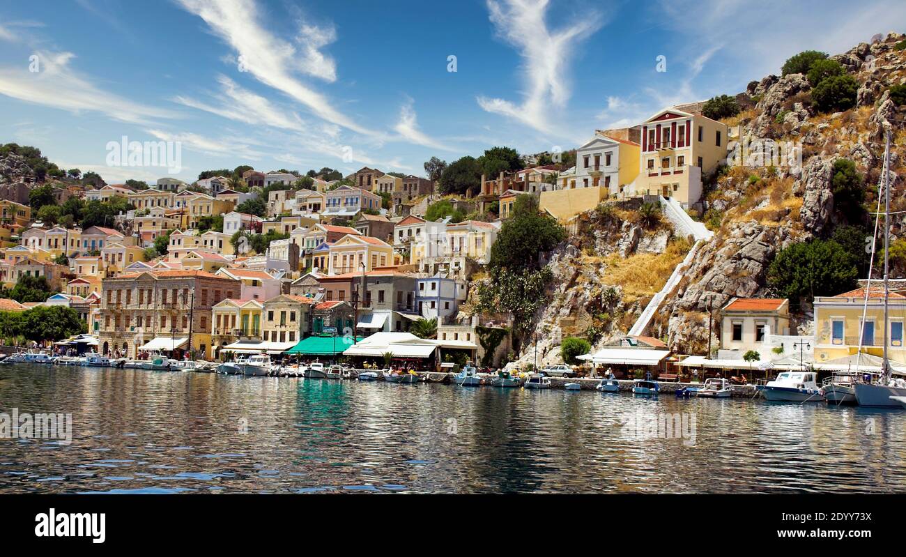 Symi Simi Harbour, Symi Island, Dodecanese, Greece, Europe, Stock Photo