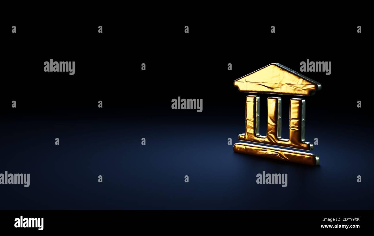 3d rendering symbol of university building with trhee ancient column wrapped in gold thermal foil plate on dark blue background Stock Photo