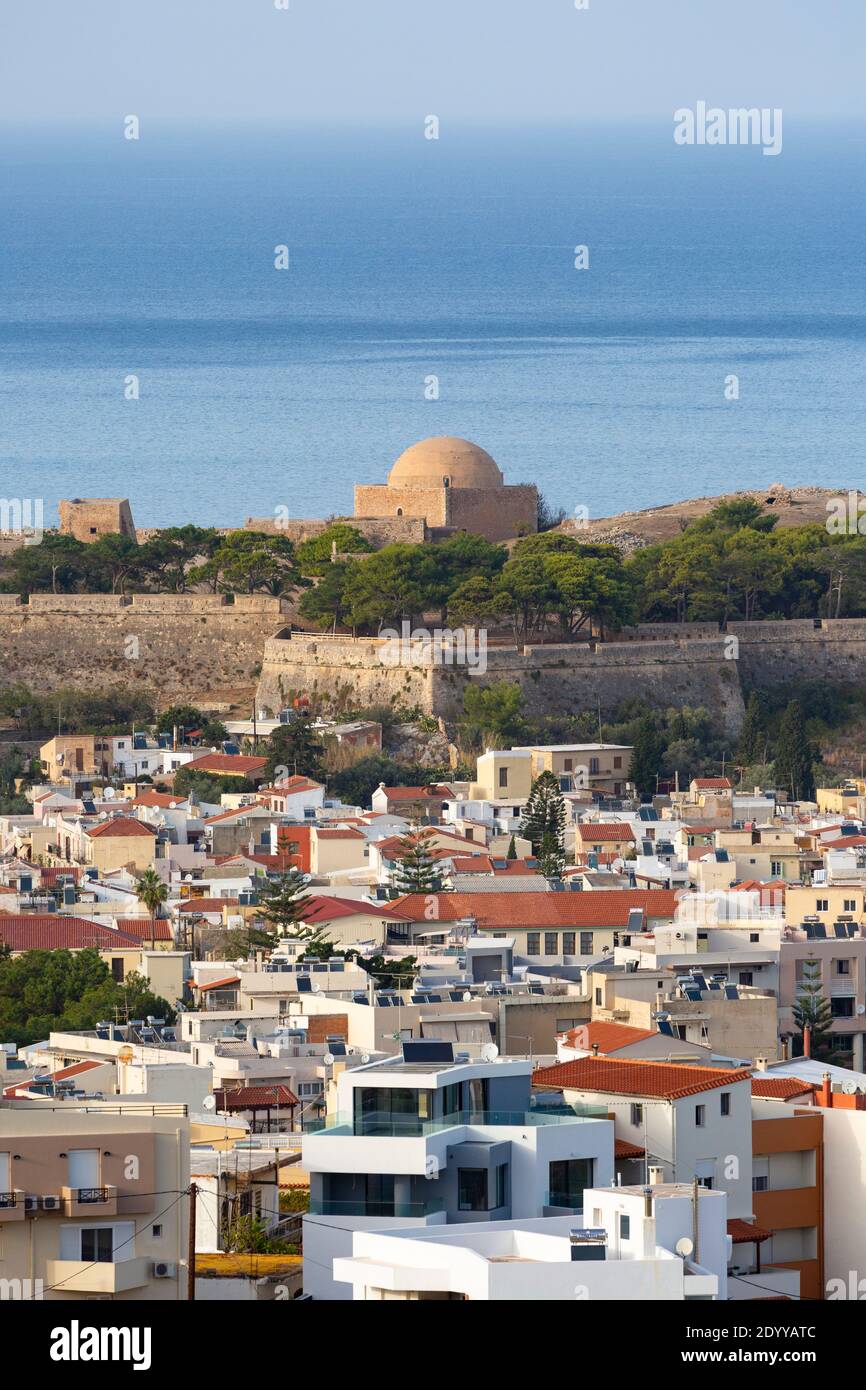Fortezza Castle and the Mosque of Sultan Ibrahim A' with sea view behind, Rethymno, Crete, Greece Stock Photo