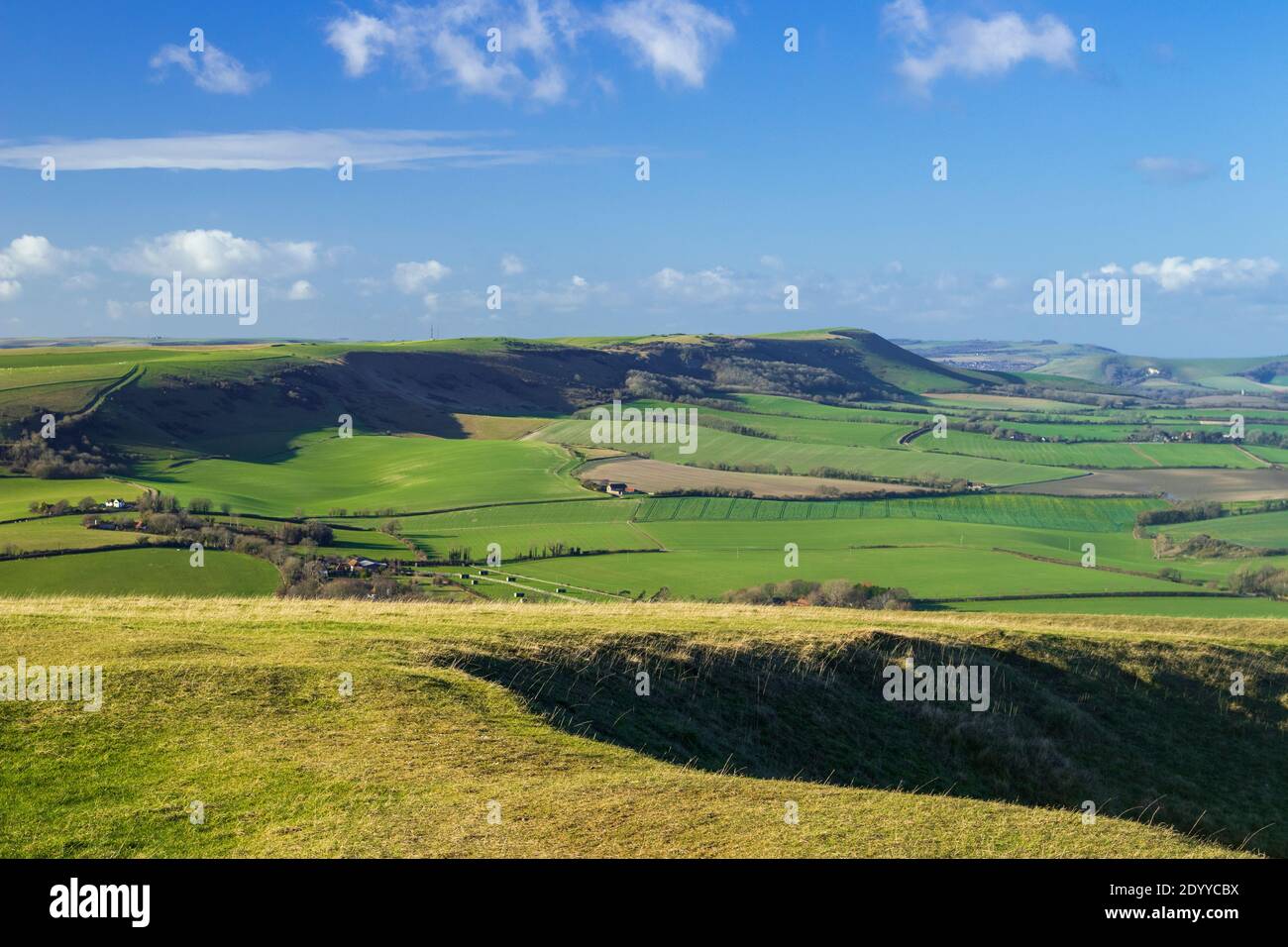 Views over the Cuckmere valley from Windover hill and Wilmington hill to Bo Peep and Firle on the south downs in East Sussex south east England Stock Photo