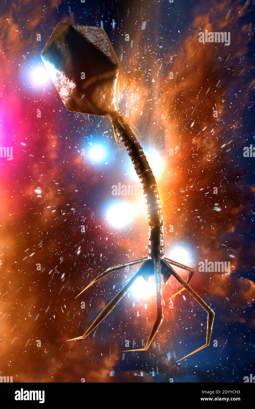 Closeup bacteriophage virus attacking bacteria cells 3D illustration ...