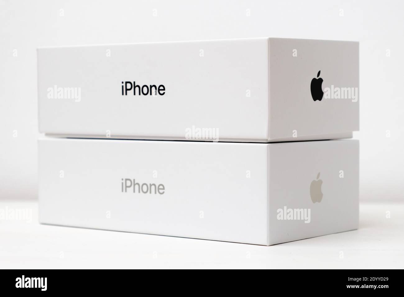 iPhone blank and white in the boxes isolated on the white background, December 2020, San Francisco, USA Stock Photo