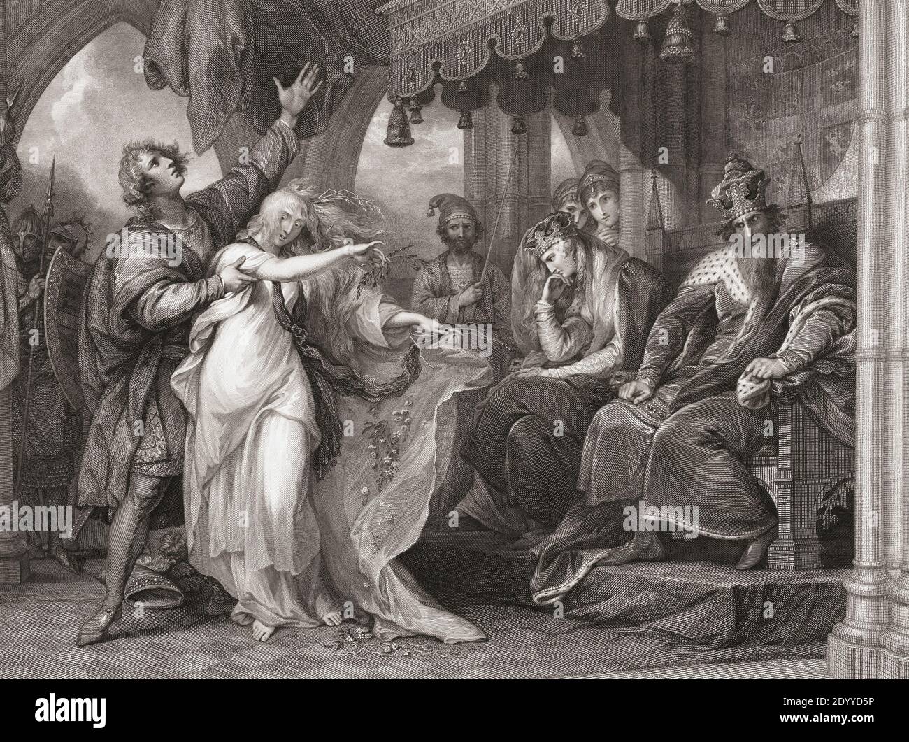 Illustration for William Shakespeare’s play Hamlet, Act IV, Scene V.   From an 18th century engraving by Francis Legat after a work by Benjamin West. Stock Photo