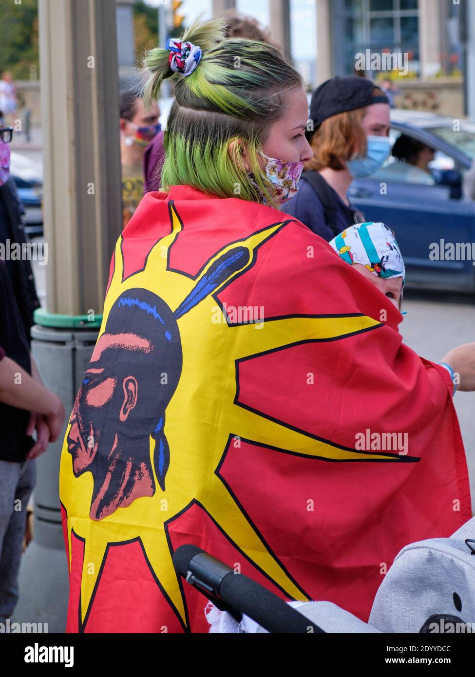 Ottawa, Canada.  September 23rd, 2020.  Local First Nations groups gather to sing ceremonial songs and hold space to bring to forefront various injust Stock Photo